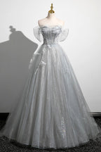 Gray A-Line Off the Shoulder Tulle Prom Dress, Lovely Corset Floor Length Party Dress - Curvevia