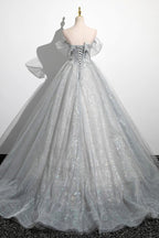 Gray A-Line Off the Shoulder Tulle Prom Dress, Lovely Corset Floor Length Party Dress - Curvevia
