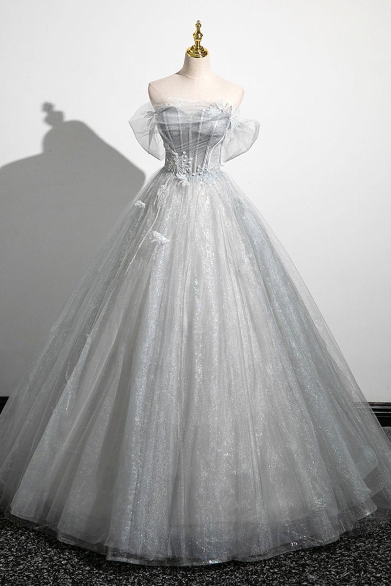 Gray A-Line Off the Shoulder Tulle Prom Dress, Lovely Corset Floor Length Party Dress - Curvevia