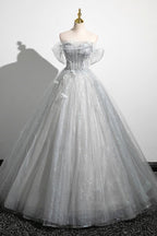 Gray A-Line Off the Shoulder Tulle Prom Dress, Lovely Corset Floor Length Party Dress - Curvevia