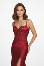 Red Spaghetti Straps Mermaid Satin Sequined Long Evening Dress With Slit - Curvevia