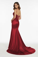 Red Spaghetti Straps Mermaid Satin Sequined Long Evening Dress With Slit - Curvevia