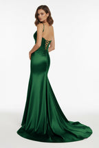 Red Spaghetti Straps Mermaid Satin Sequined Long Evening Dress With Slit - Curvevia