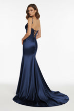 Red Spaghetti Straps Mermaid Satin Sequined Long Evening Dress With Slit - Curvevia