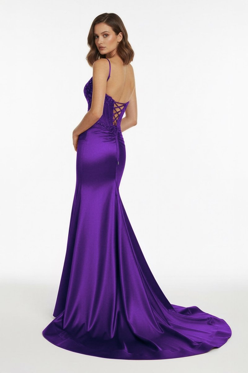 Red Spaghetti Straps Mermaid Satin Sequined Long Evening Dress With Slit - Curvevia