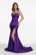 Red Spaghetti Straps Mermaid Satin Sequined Long Evening Dress With Slit - Curvevia