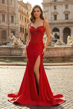 Red Spaghetti Straps Mermaid Satin Sequined Long Evening Dress With Slit - Curvevia