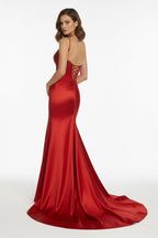 Red Spaghetti Straps Mermaid Satin Sequined Long Evening Dress With Slit - Curvevia