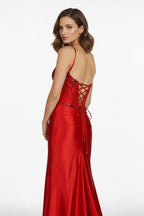 Red Spaghetti Straps Mermaid Satin Sequined Long Evening Dress With Slit - Curvevia