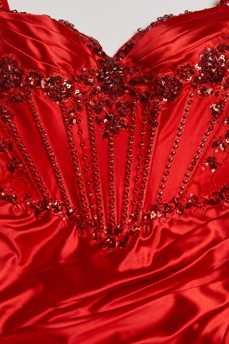 Red Spaghetti Straps Mermaid Satin Sequined Long Evening Dress With Slit - Curvevia