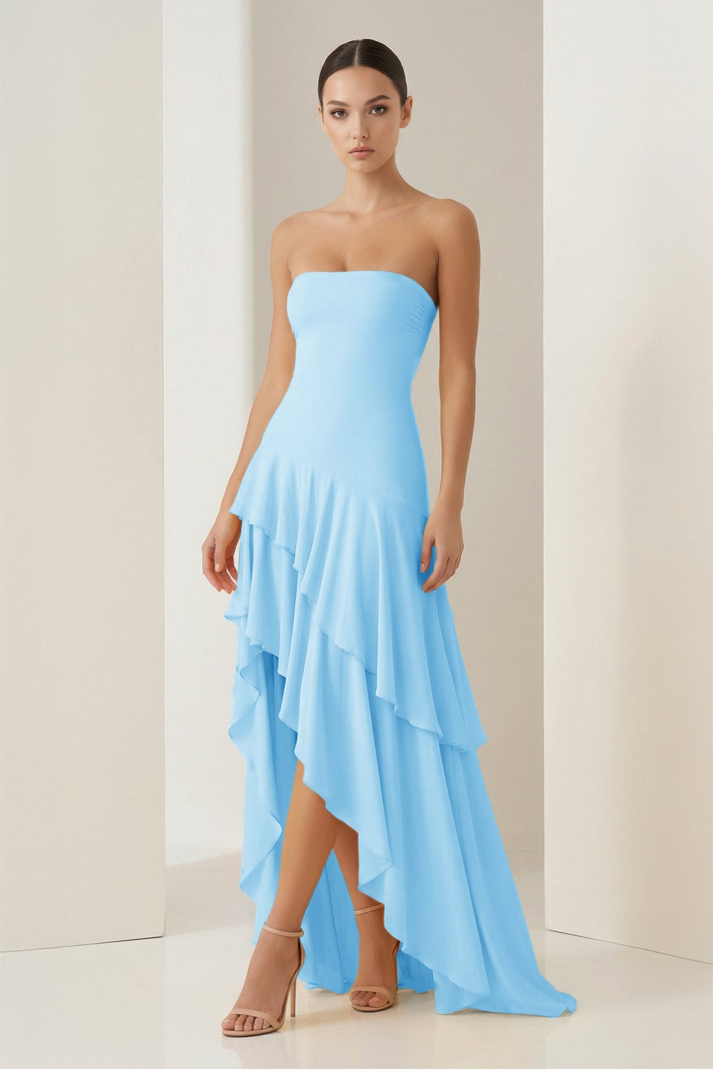 Blue Sheath Strapless Spandex High Low Long Wedding Guest Dress with Ruffles - Curvevia