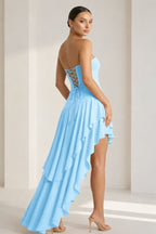 Blue Sheath Strapless Spandex High Low Long Wedding Guest Dress with Ruffles - Curvevia