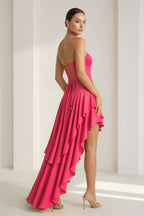 Blue Sheath Strapless Spandex High Low Long Wedding Guest Dress with Ruffles - Curvevia