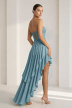 Blue Sheath Strapless Spandex High Low Long Wedding Guest Dress with Ruffles - Curvevia