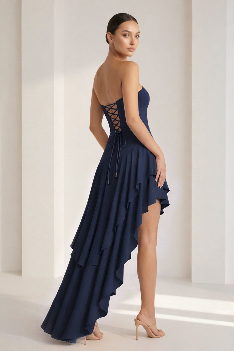 Blue Sheath Strapless Spandex High Low Long Wedding Guest Dress with Ruffles - Curvevia