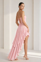 Blue Sheath Strapless Spandex High Low Long Wedding Guest Dress with Ruffles - Curvevia