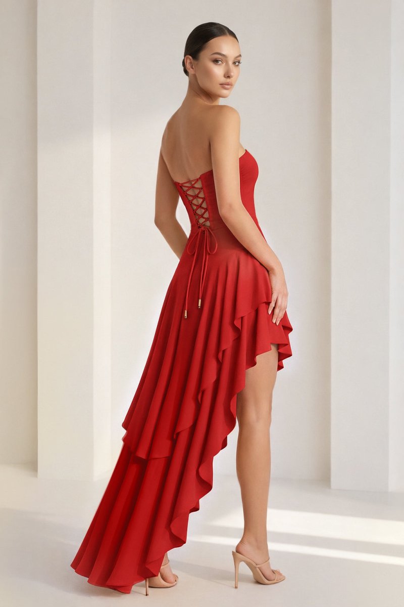 Blue Sheath Strapless Spandex High Low Long Wedding Guest Dress with Ruffles - Curvevia