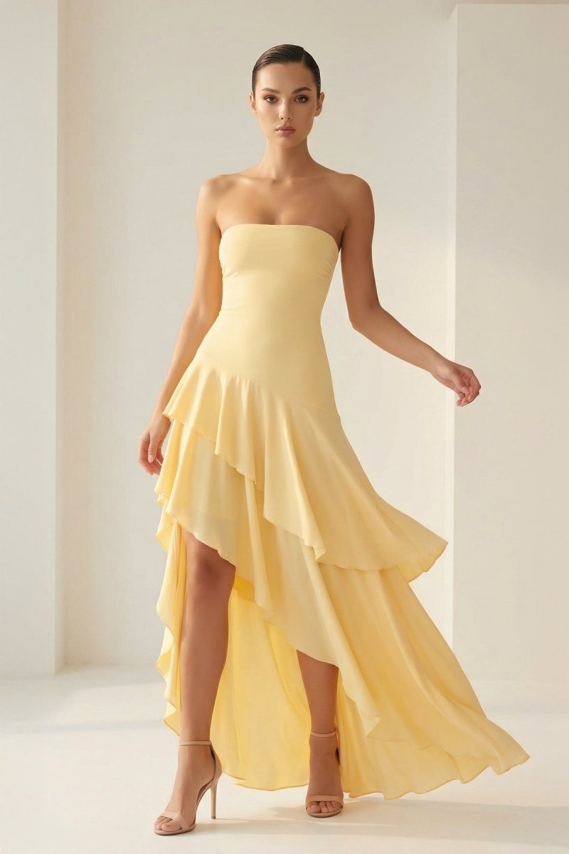 Blue Sheath Strapless Spandex High Low Long Wedding Guest Dress with Ruffles - Curvevia