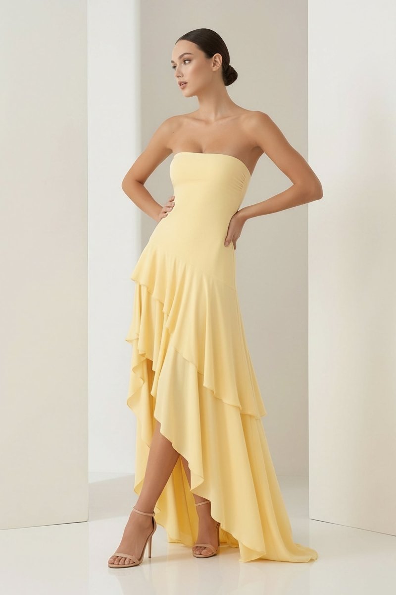 Blue Sheath Strapless Spandex High Low Long Wedding Guest Dress with Ruffles - Curvevia