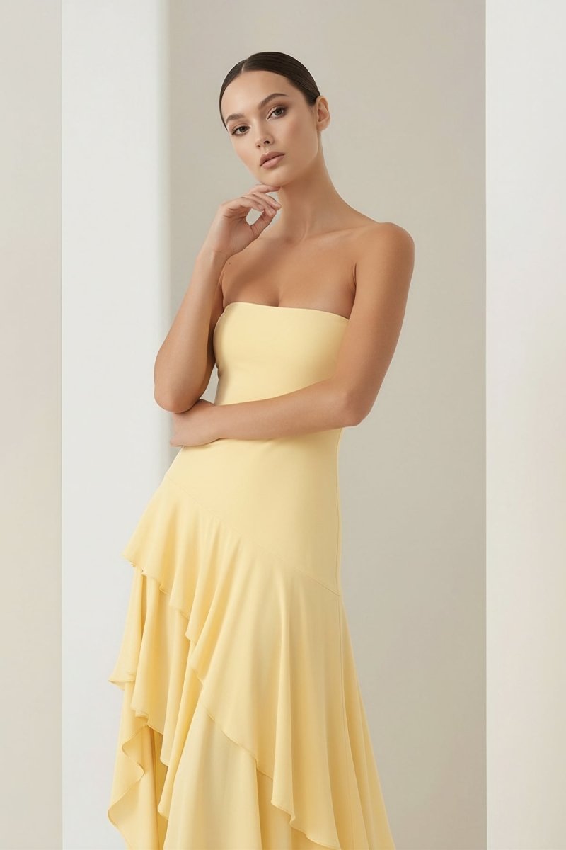 Blue Sheath Strapless Spandex High Low Long Wedding Guest Dress with Ruffles - Curvevia