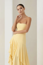 Blue Sheath Strapless Spandex High Low Long Wedding Guest Dress with Ruffles - Curvevia