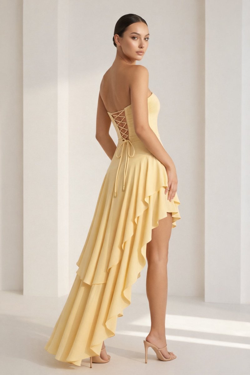 Blue Sheath Strapless Spandex High Low Long Wedding Guest Dress with Ruffles - Curvevia