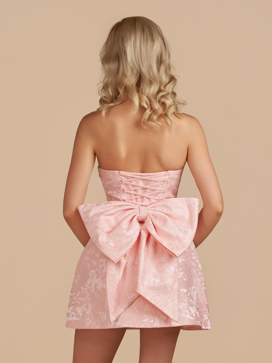 Sky Blue Strapless Jacquard A Line Wedding Guest Dress With Bowknot - Curvevia