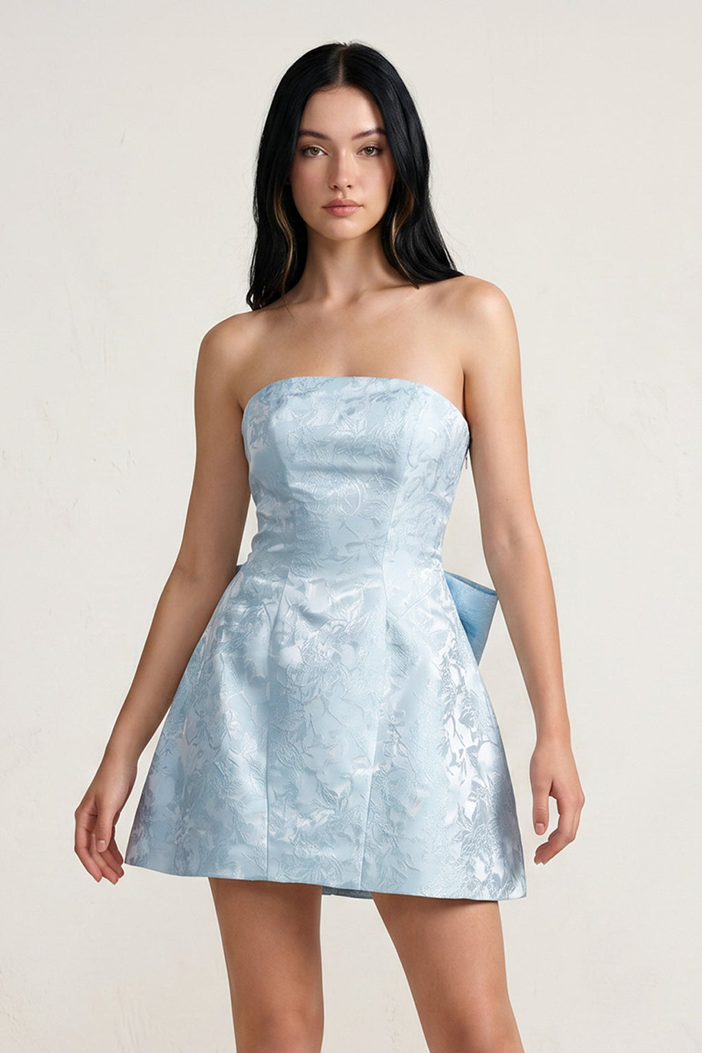 Sky Blue Strapless Jacquard A Line Wedding Guest Dress With Bowknot - Curvevia