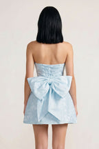 Sky Blue Strapless Jacquard A Line Wedding Guest Dress With Bowknot - Curvevia