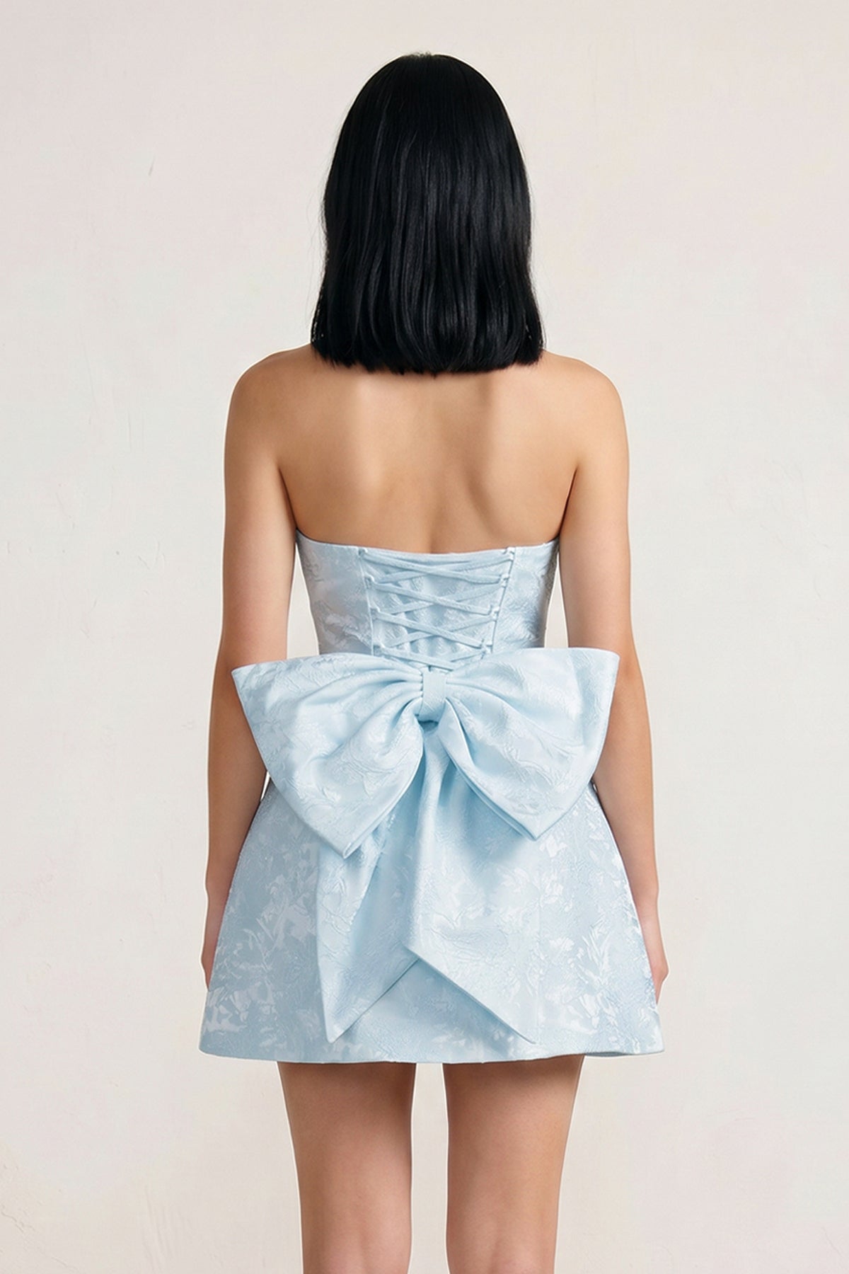 Sky Blue Strapless Jacquard A Line Wedding Guest Dress With Bowknot - Curvevia