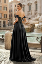 Sage Off The Shoulder A Line Satin Beaded Evening Dress With Slit - Curvevia