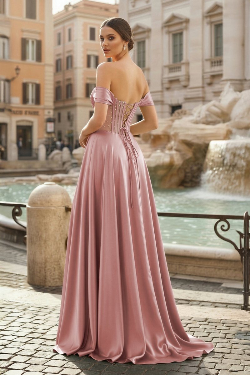Sage Off The Shoulder A Line Satin Beaded Evening Dress With Slit - Curvevia