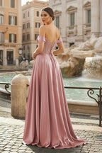 Sage Off The Shoulder A Line Satin Beaded Evening Dress With Slit - Curvevia