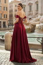 Sage Off The Shoulder A Line Satin Beaded Evening Dress With Slit - Curvevia
