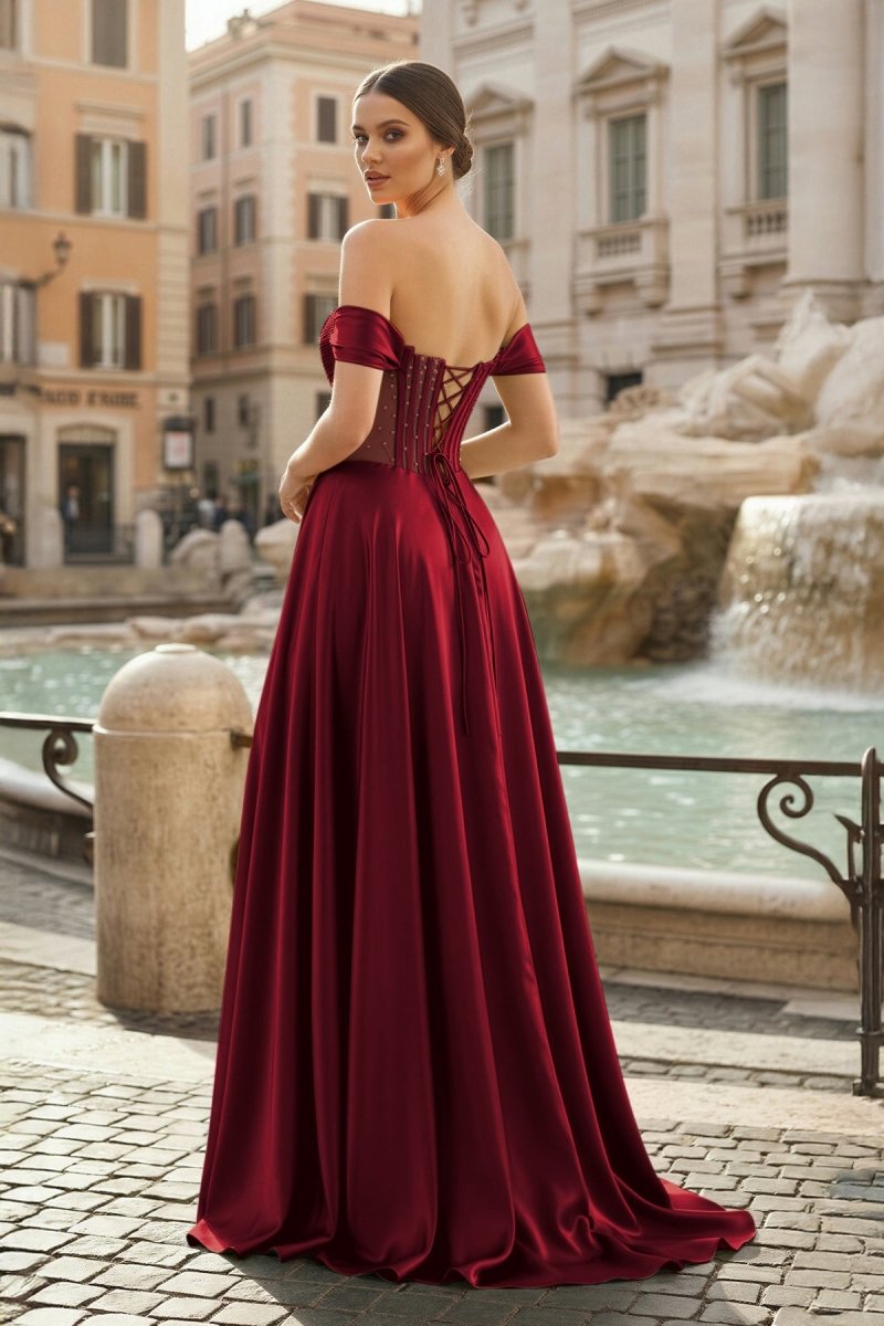 Sage Off The Shoulder A Line Satin Beaded Evening Dress With Slit - Curvevia