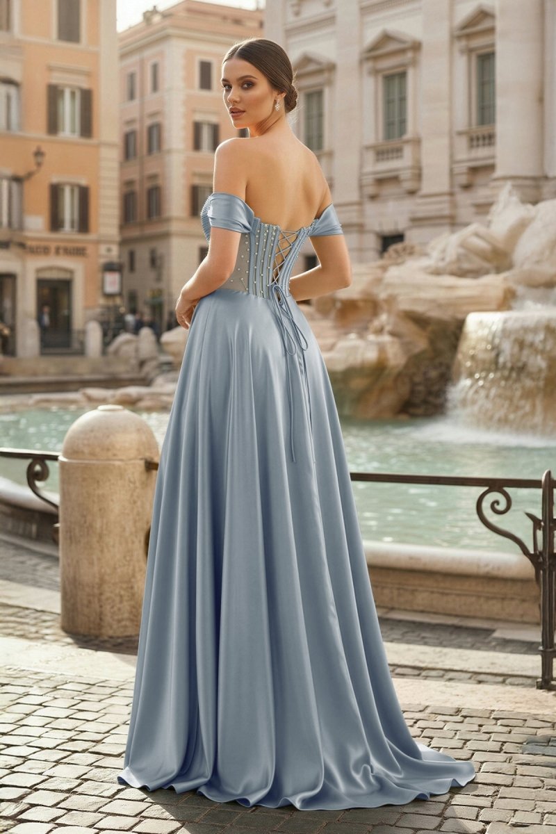 Sage Off The Shoulder A Line Satin Beaded Evening Dress With Slit - Curvevia