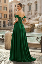 Sage Off The Shoulder A Line Satin Beaded Evening Dress With Slit - Curvevia