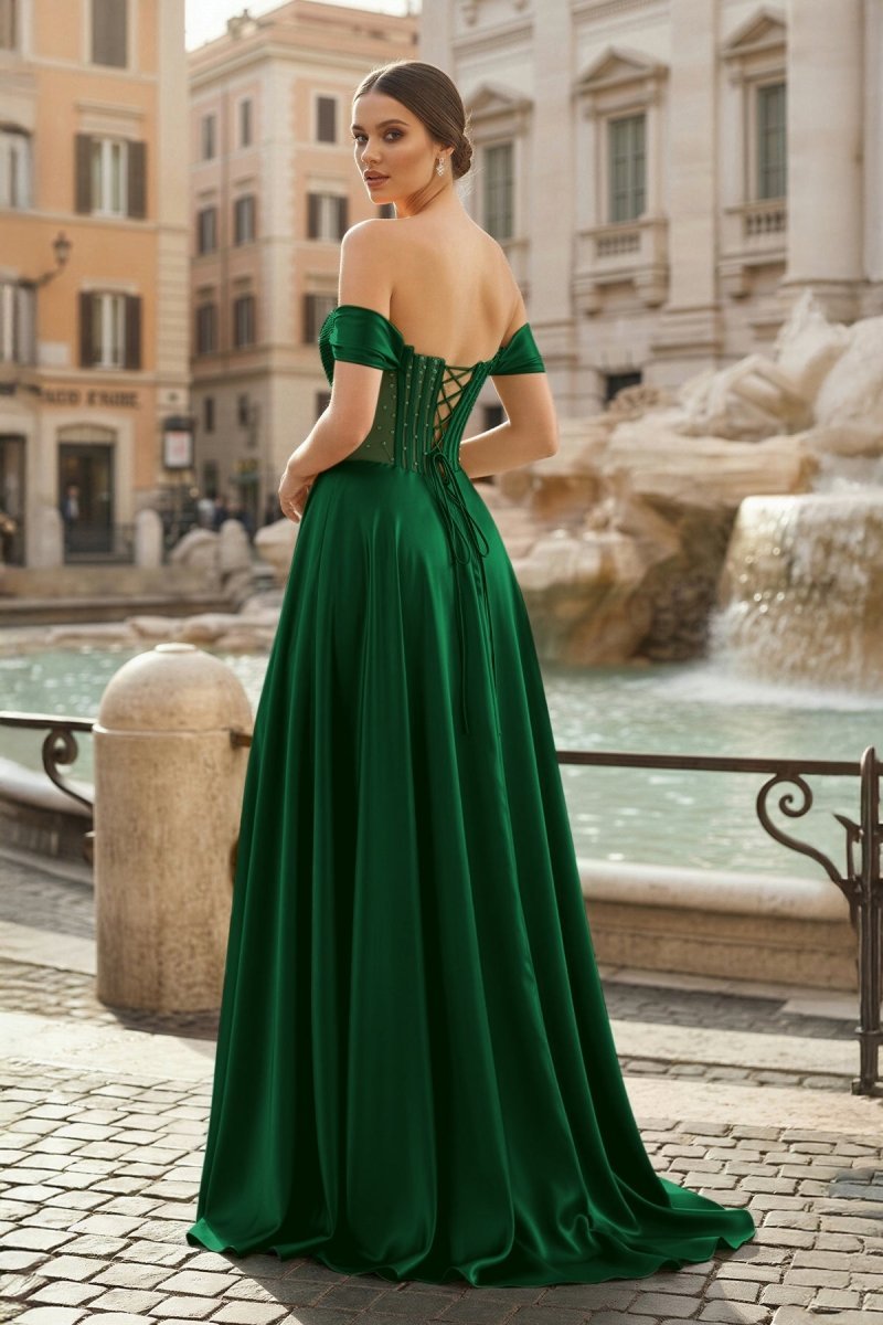 Sage Off The Shoulder A Line Satin Beaded Evening Dress With Slit - Curvevia