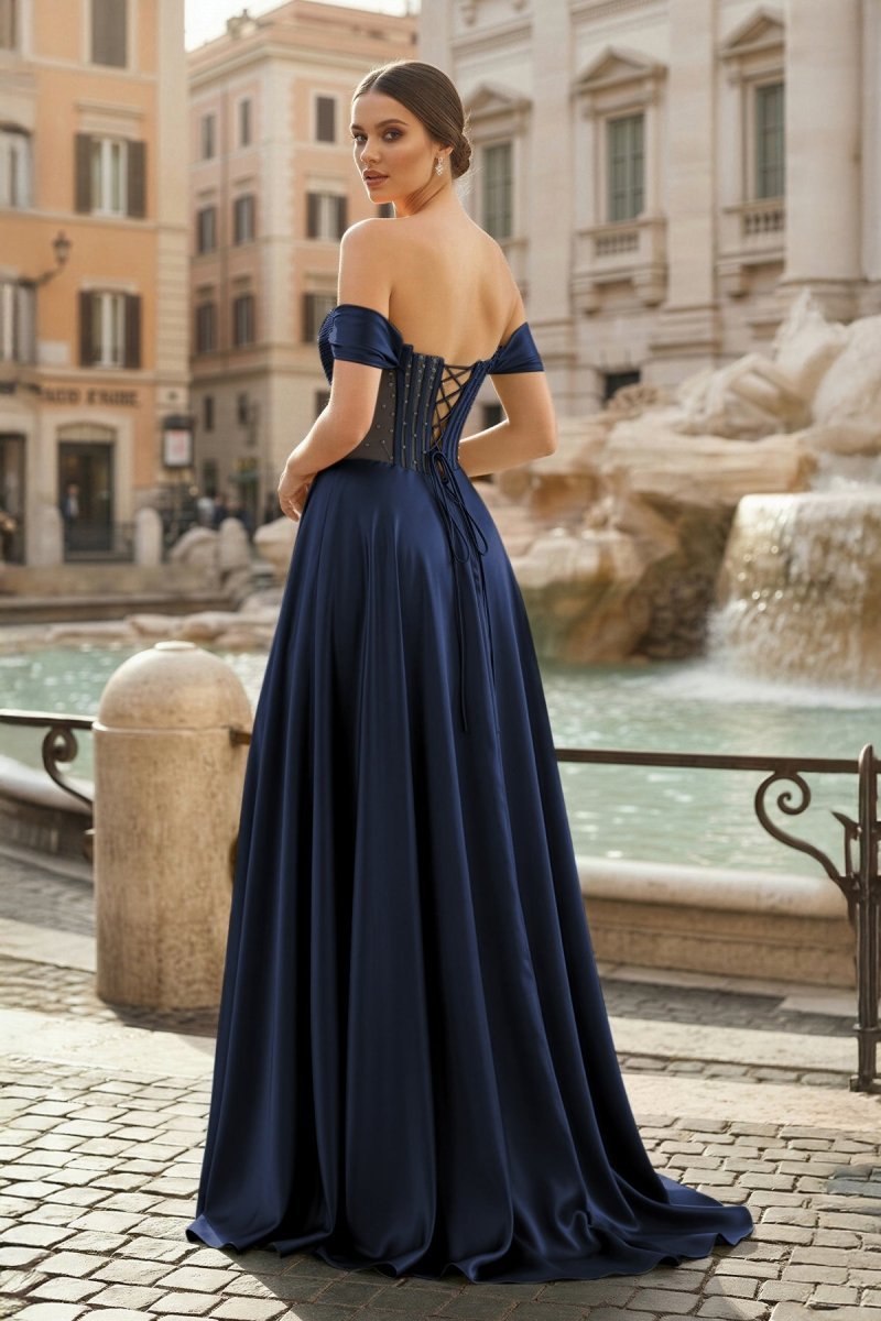 Sage Off The Shoulder A Line Satin Beaded Evening Dress With Slit - Curvevia
