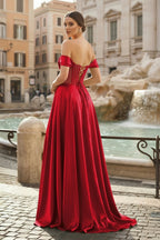 Sage Off The Shoulder A Line Satin Beaded Evening Dress With Slit - Curvevia