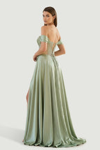Sage Off The Shoulder A Line Satin Beaded Evening Dress With Slit - Curvevia