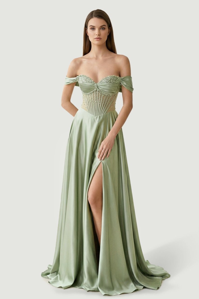 Sage Off The Shoulder A Line Satin Beaded Evening Dress With Slit - Curvevia