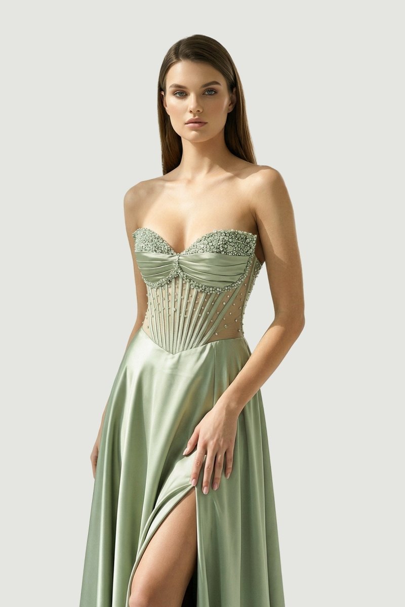 Sage Off The Shoulder A Line Satin Beaded Evening Dress With Slit - Curvevia