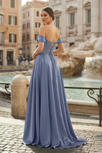 Sage Off The Shoulder A Line Satin Beaded Evening Dress With Slit - Curvevia