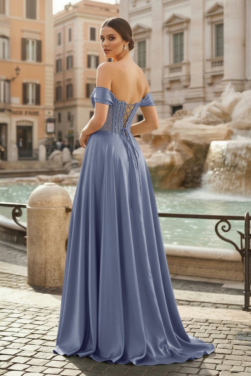 Sage Off The Shoulder A Line Satin Beaded Evening Dress With Slit - Curvevia