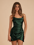 Navy Blue Sheath Spaghetti Straps Pleated Satin Short Homecoming Dress - Curvevia