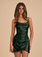 Navy Blue Sheath Spaghetti Straps Pleated Satin Short Homecoming Dress - Curvevia