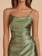 Navy Blue Sheath Spaghetti Straps Pleated Satin Short Homecoming Dress - Curvevia
