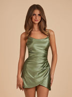 Navy Blue Sheath Spaghetti Straps Pleated Satin Short Homecoming Dress - Curvevia