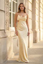 Champagne Spaghetti Straps Mermaid Satin Long Formal Dress - Curvevia